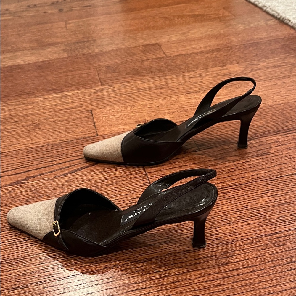 Etienne Aigner Brown  and Linen Slingback Heels